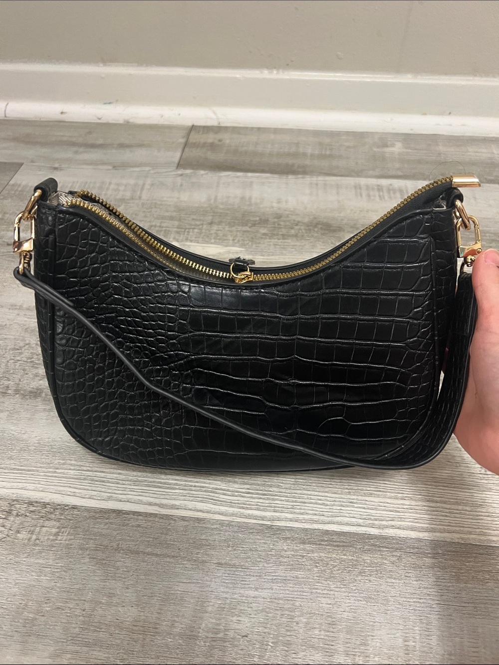 Black Croc-Embossed Shoulder Bag with Gold Hardware
